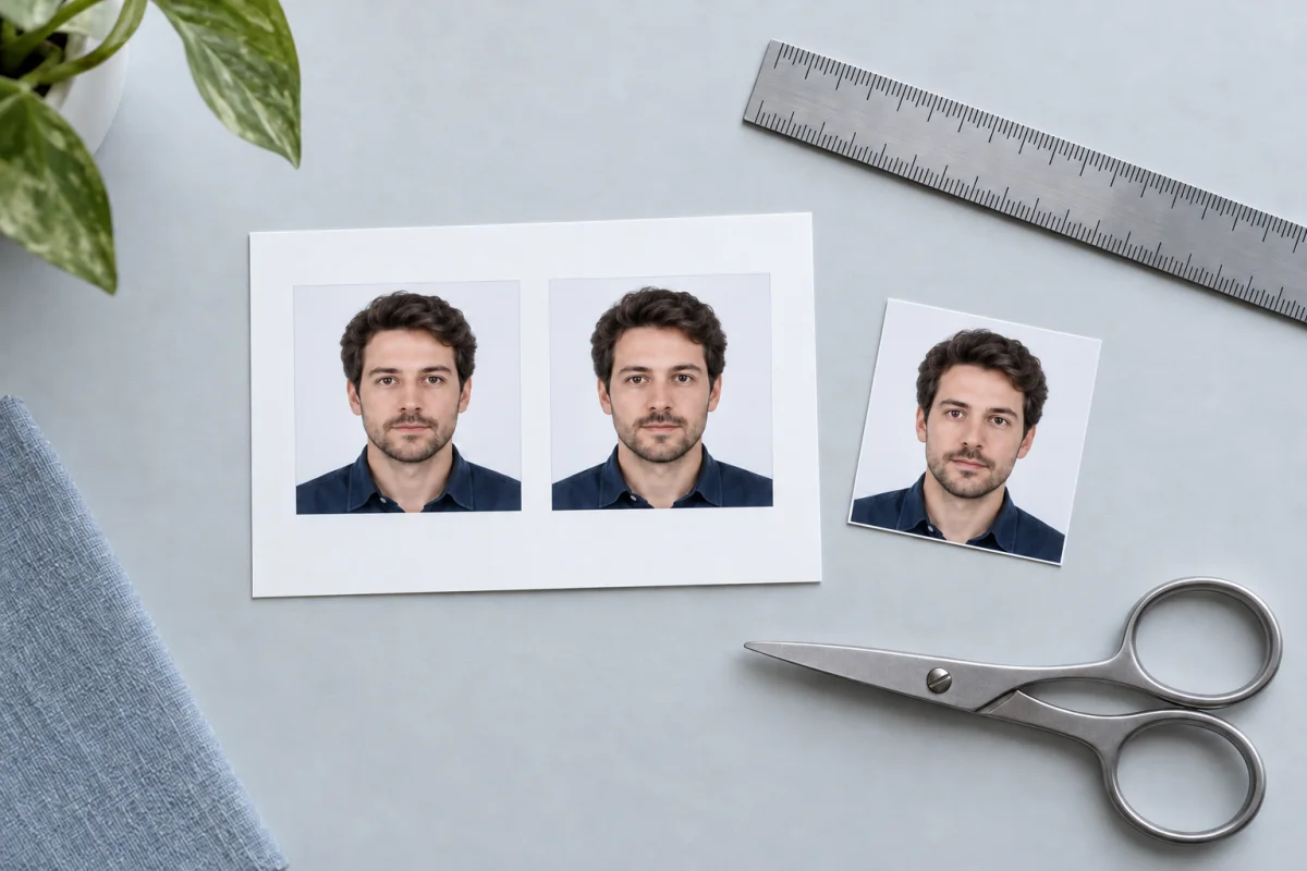 Illustration of square portrait prints, a ruler and scissors on a desk.