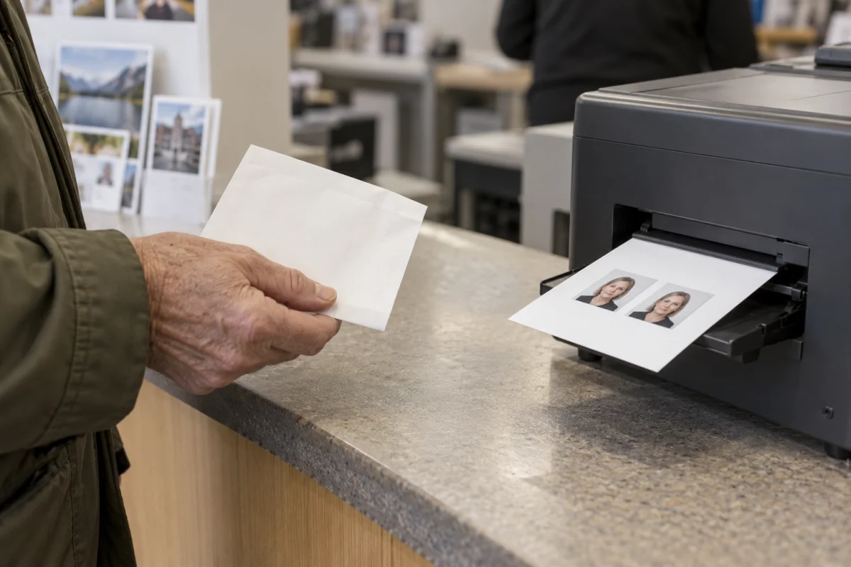 A customer collecting a photo print beside a compact photo printer.